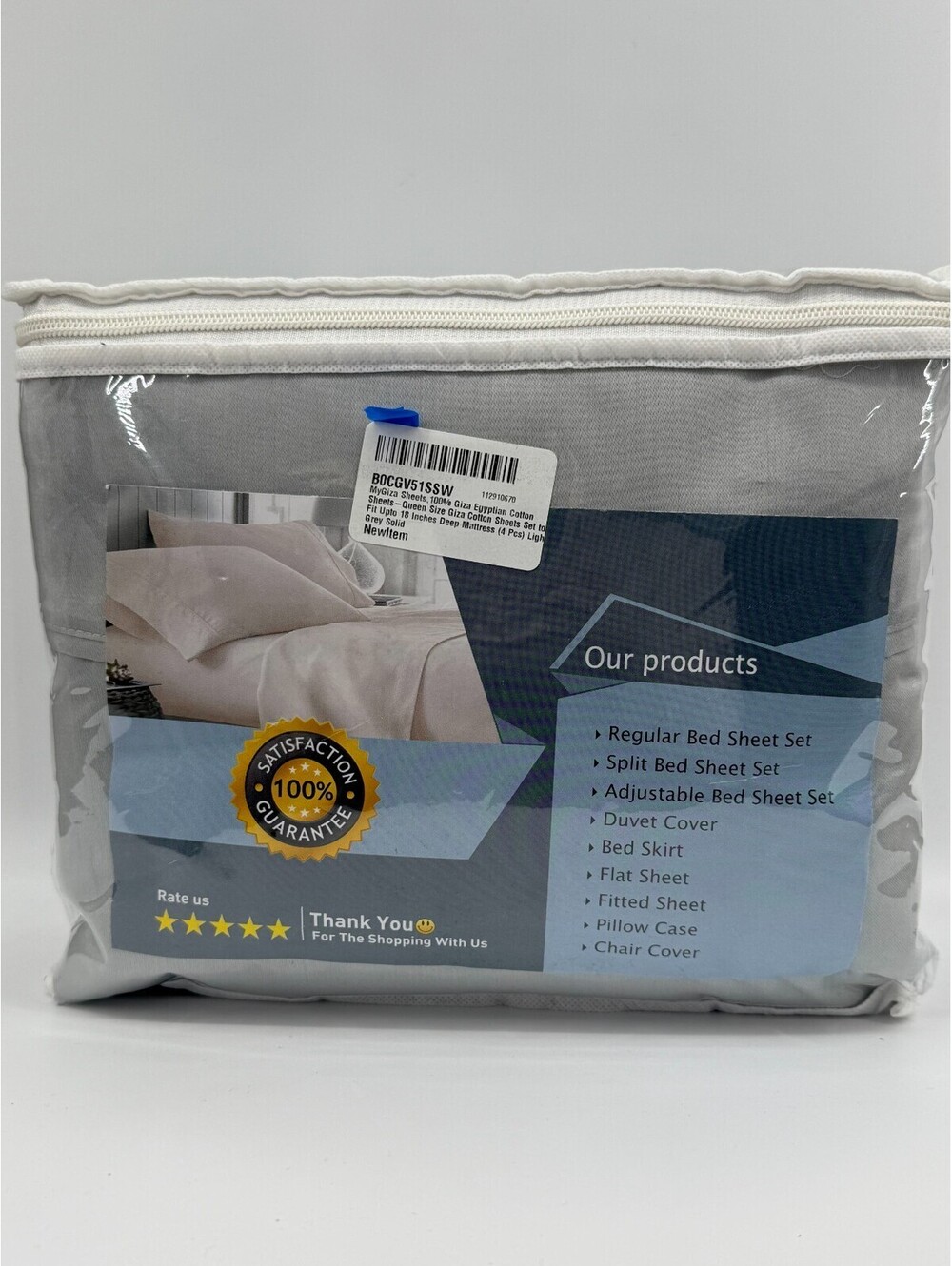 MyGiza Sheets  4pcs Queen Sheet Set Light Grey 100% Giza Egyptian Cotton